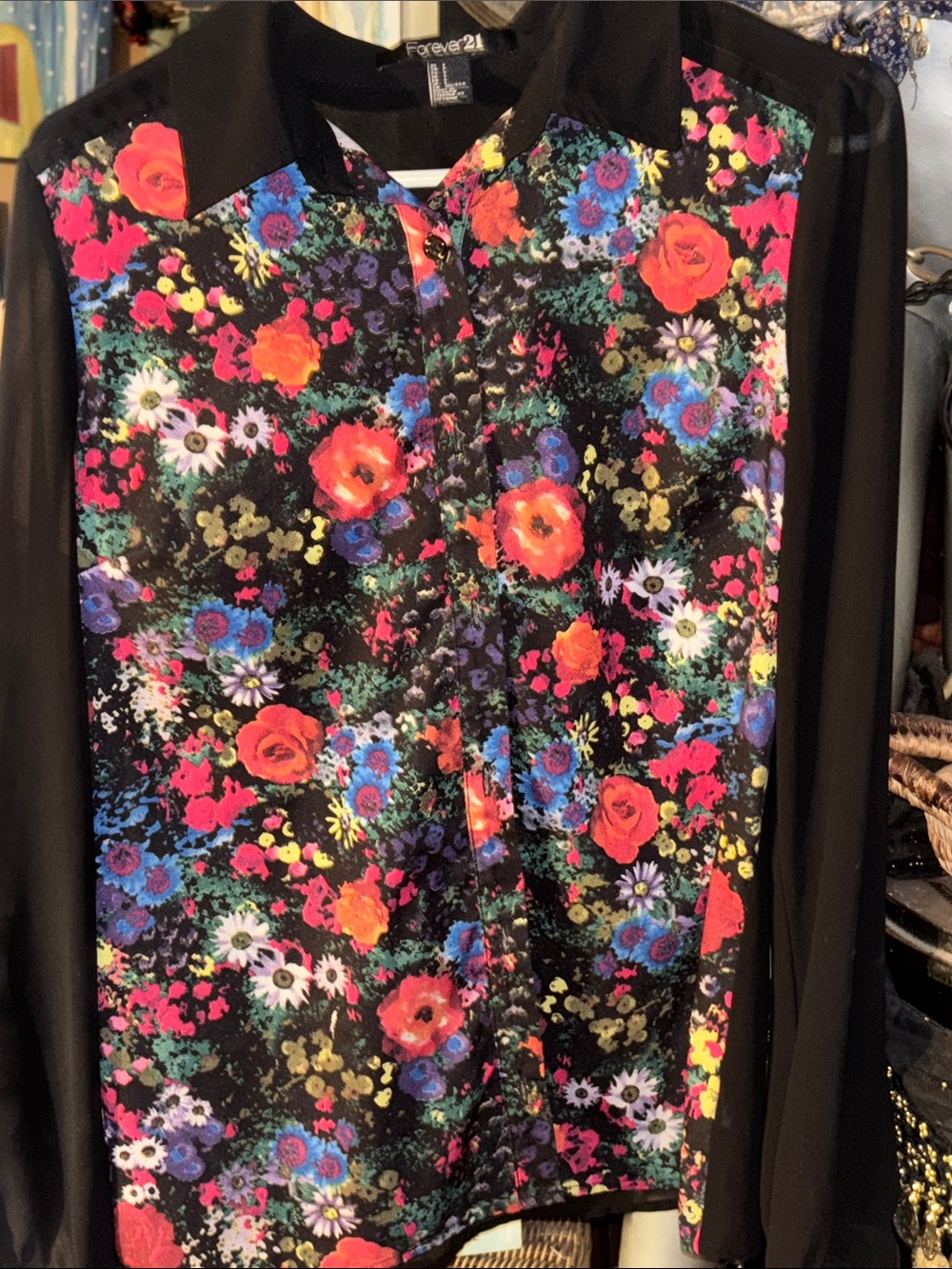 Forever 21 Black Floral Button-Front Top with Bright Blooms